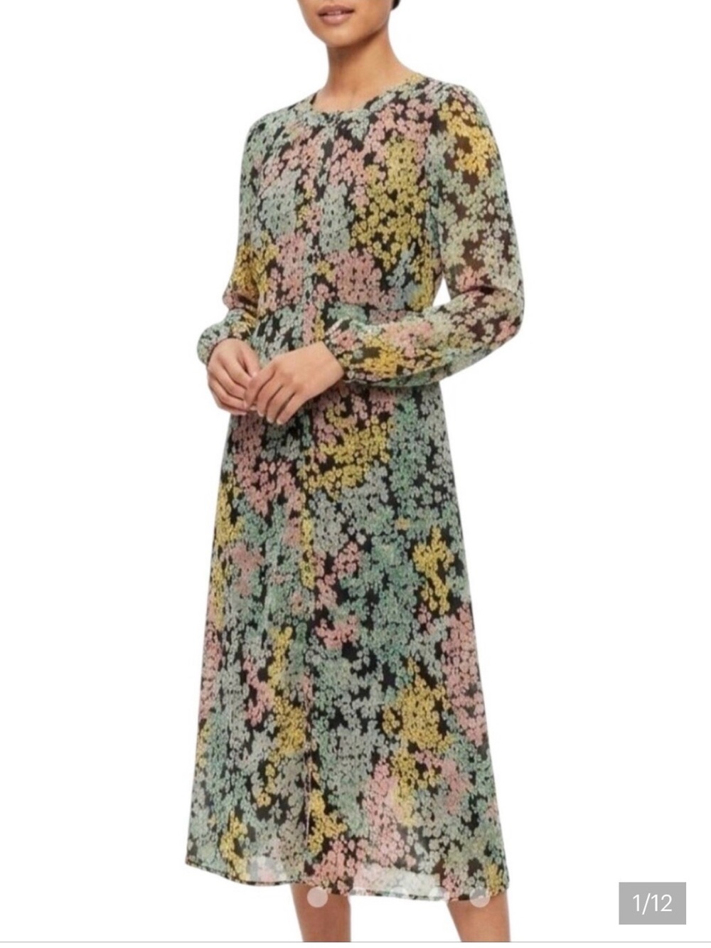 LOFT Black Floral Long-Sleeve Midi Dress with Pink, Yellow, Mint